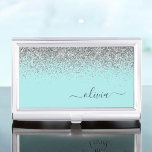 Aqua Blue Teal Silver Glitter Monogram Business Card Case<br><div class="desc">Aqua Blue - Teal and Silver Sparkle Glitter Script Monogram Name Business Card Holder. This makes the perfect sweet 16 birthday,  wedding,  bridal shower,  anniversary,  baby shower or bachelorette party gift for someone that loves glam luxury and chic styles.</div>