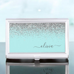 Aqua Blue Teal Silver Glitter Monogram Business Card Case