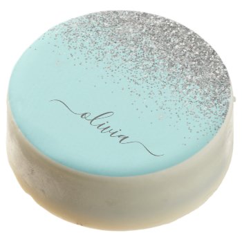 Aqua Blue Teal Silver Glitter Monogram Chocolate Covered Oreo by Hot_Foil_Creations at Zazzle