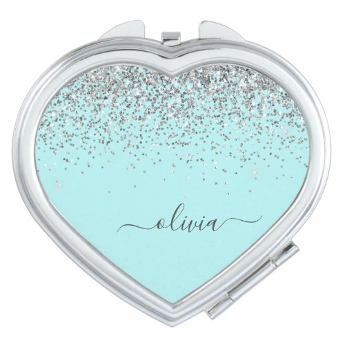 Aqua Blue Teal Silver Glitter Monogram Compact Mirror