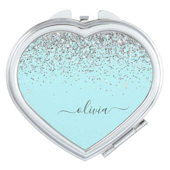 Aqua Blue Teal Silver Glitter Monogram Compact Mirror (Front)