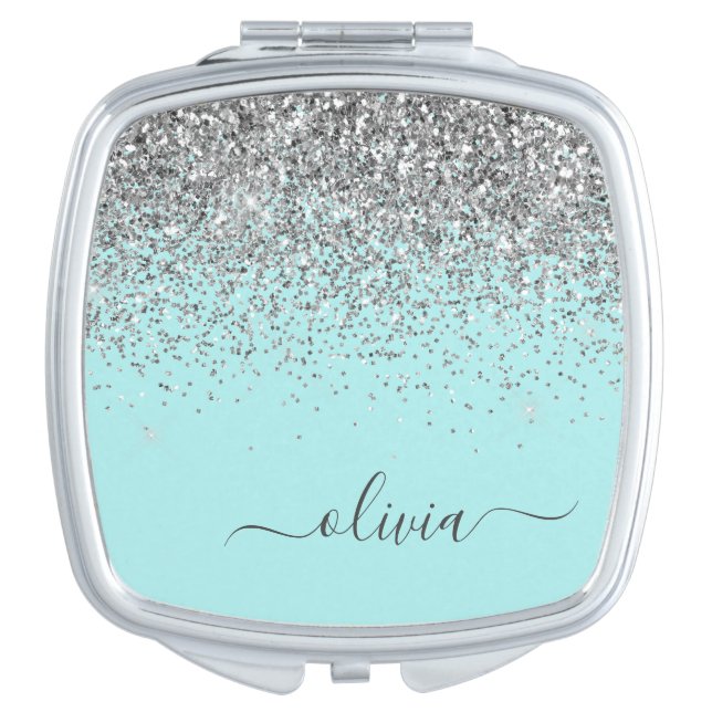 Aqua Blue Teal Silver Glitter Monogram Compact Mirror (Front)