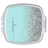 Aqua Blue Teal Silver Glitter Monogram Compact Mirror (Side)