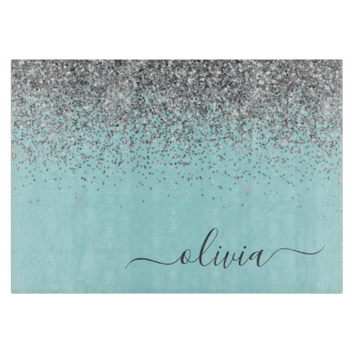 Aqua Blue Teal Silver Glitter Monogram Cutting Board