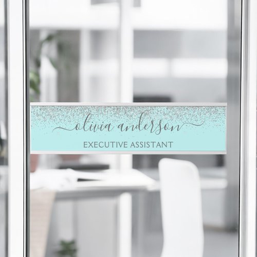 Aqua Blue Teal Silver Glitter Monogram Door Sign