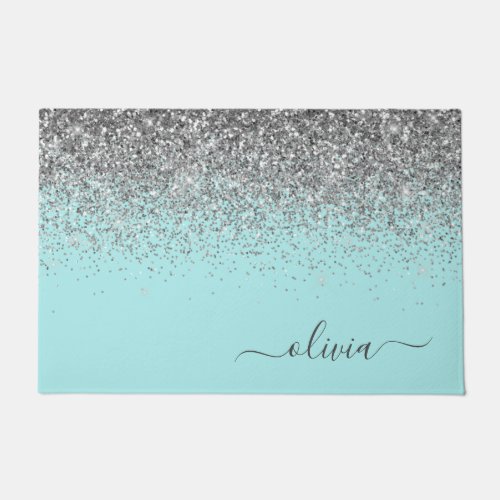Aqua Blue _ Teal Silver Glitter Monogram Doormat