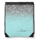 Aqua Blue Teal Silver Glitter Monogram Drawstring Bag Aqua Blue Teal Silver Glitter Monogram Drawstring Bag