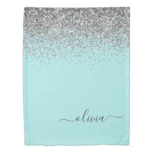 Aqua Blue Teal Silver Glitter Monogram Duvet Cover