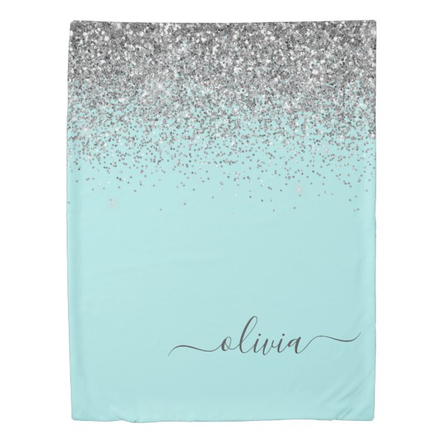 Aqua Blue Teal Silver Glitter Monogram Duvet Cover (Front)