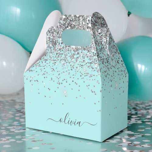 Aqua Blue _ Teal Silver Glitter Monogram Favor Boxes