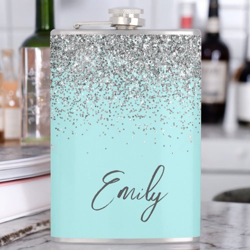 Aqua Blue Teal Silver Glitter Monogram Flask