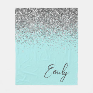 Aqua Blue Teal Silver Glitter Monogram Fleece Blanket