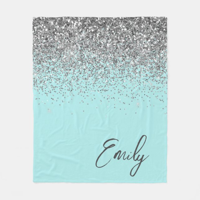 Aqua Blue Teal Silver Glitter Monogram  Fleece Blanket (Front)