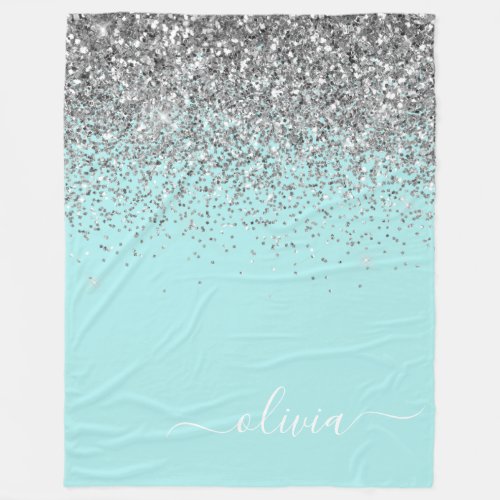 Aqua Blue Teal Silver Glitter Monogram Fleece Blanket