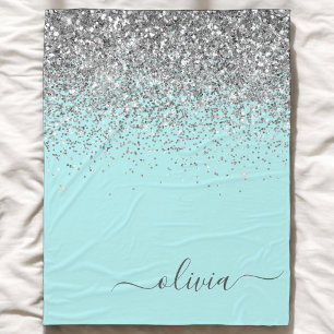 Aqua Blue Teal Silver Glitter Monogram Fleece Blanket
