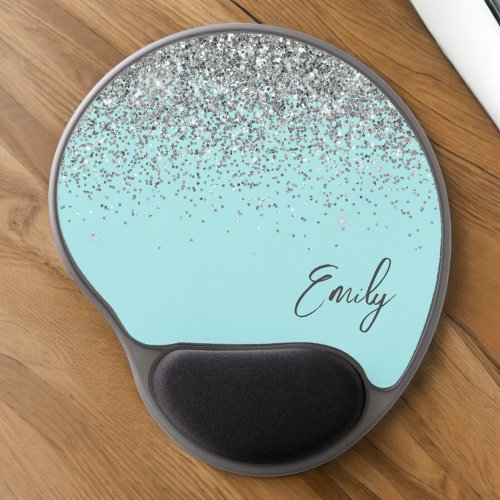 Aqua Blue Teal Silver Glitter Monogram Gel Mouse Pad