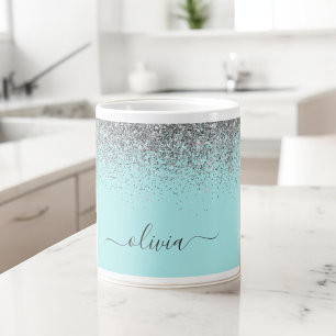 Aqua Blue Teal Silver Glitter Monogram Giant Coffee Mug