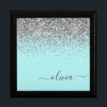 Aqua Blue Teal Silver Glitter Monogram Gift Box<br><div class="desc">Aqua Blue - Teal and Silver Sparkle Glitter script Monogram Name Jewelry Keepsake Box. This makes the perfect graduation,  birthday,  wedding,  bridal shower,  anniversary,  baby shower or bachelorette party gift for someone that loves glam luxury and chic styles.</div>