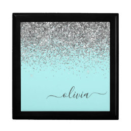 Aqua Blue Teal Silver Glitter Monogram Gift Box