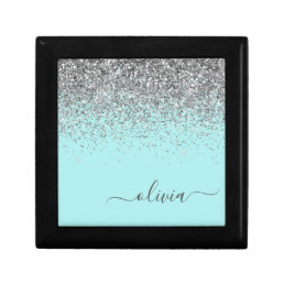 Aqua Blue - Teal Silver Glitter Monogram Gift Box