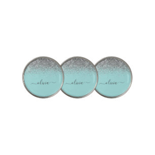 Aqua Blue Teal Silver Glitter Monogram Golf Ball Marker