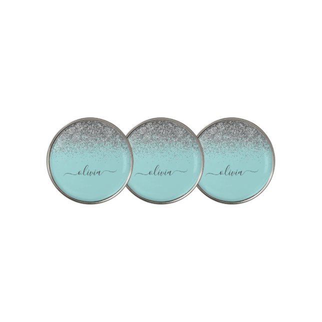 Aqua Blue Teal Silver Glitter Monogram Golf Ball Marker (3 Up)