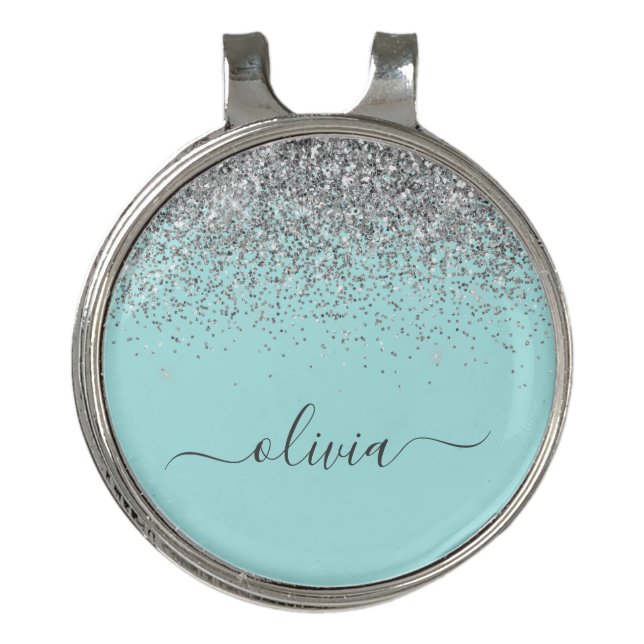 Aqua Blue Teal Silver Glitter Monogram Golf Hat Clip (Front)