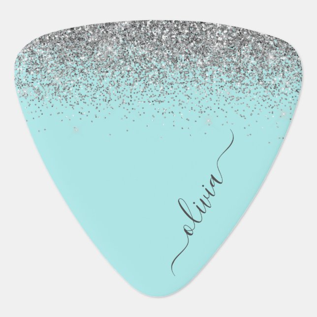 Aqua Blue Teal Silver Glitter Monogram Guitar Pick (Front)