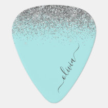 Aqua Blue Teal Silver Glitter Monogram Guitar Pick