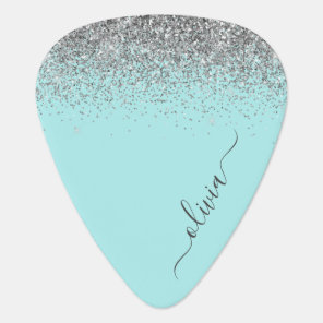 Aqua Blue Teal Silver Glitter Monogram Guitar Pick