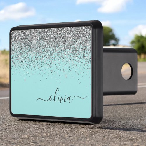 Aqua Blue Teal Silver Glitter Monogram Hitch Cover