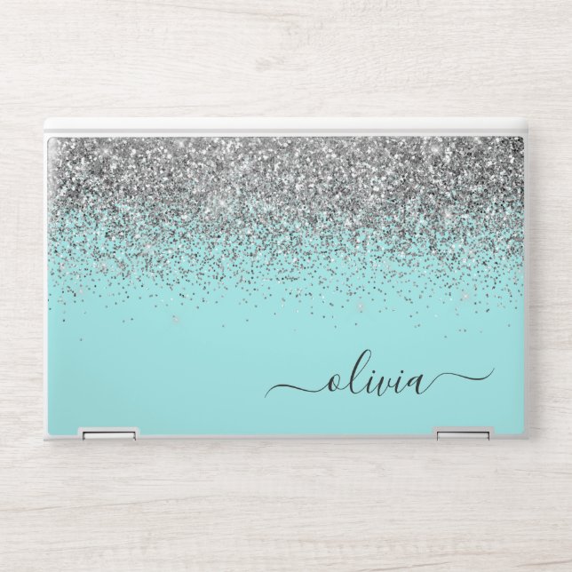 Aqua Blue Teal Silver Glitter Monogram HP Laptop Skin (Front)