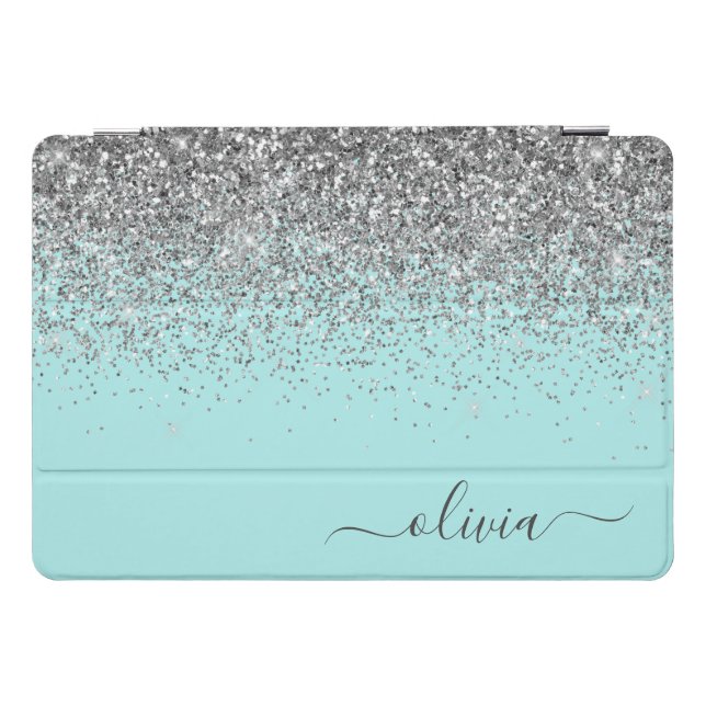Aqua Blue Teal Silver Glitter Monogram iPad Pro Cover (Horizontal)