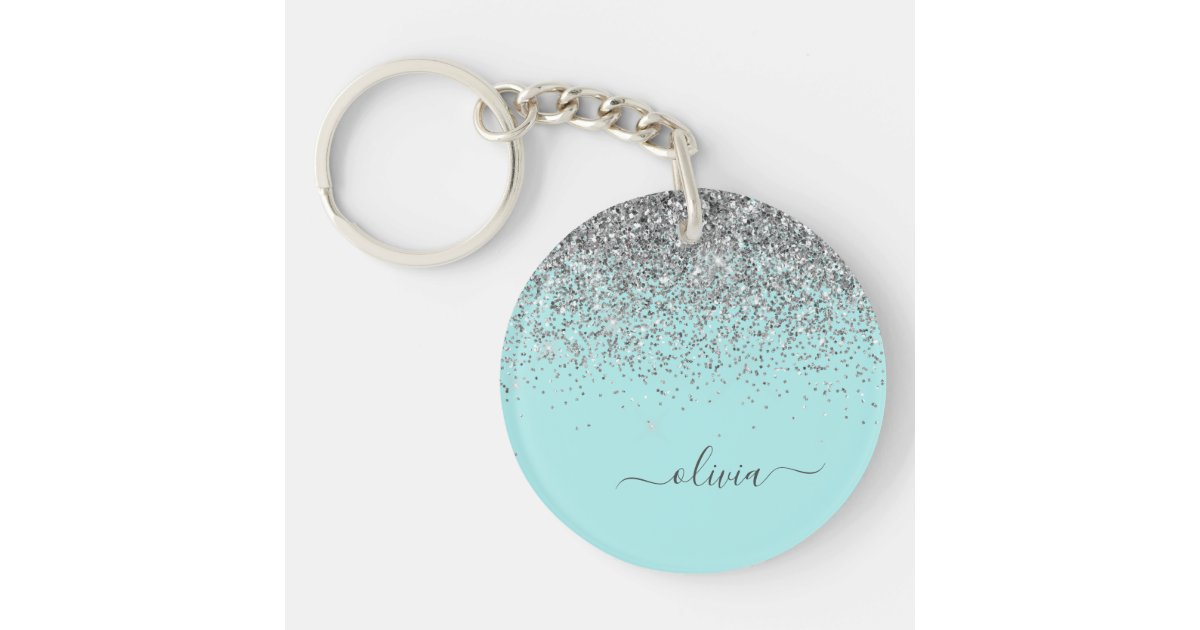 Aqua Blue Teal Silver Glitter Monogram Keychain | Zazzle