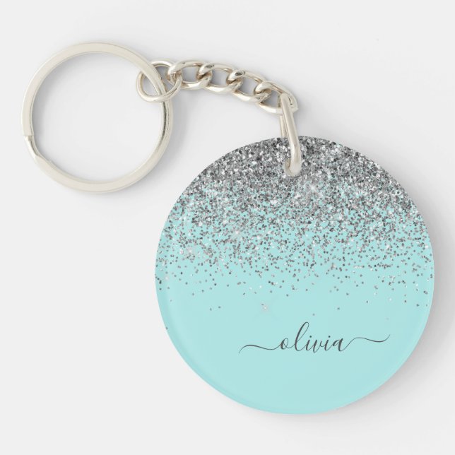Aqua Blue Teal Silver Glitter Monogram Keychain (Front)