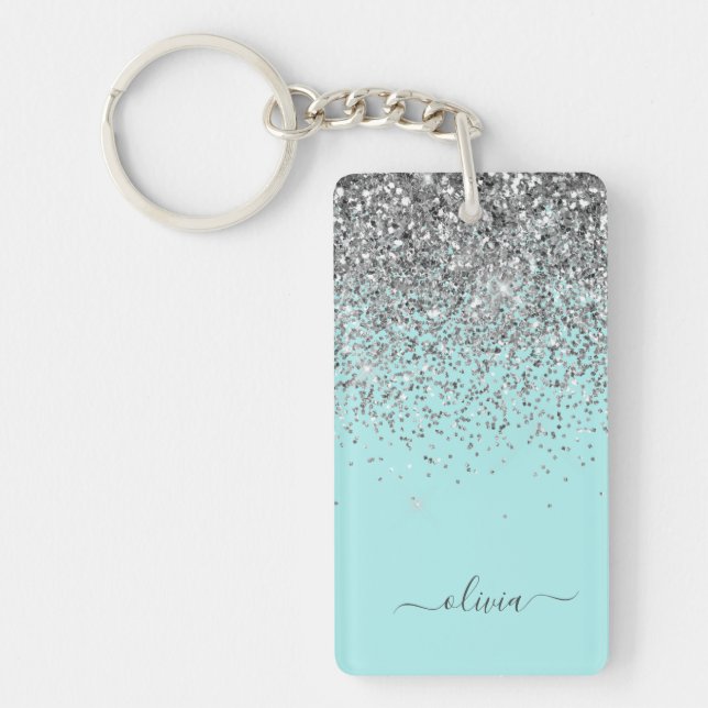 Aqua Blue Teal Silver Glitter Monogram Keychain (Front)