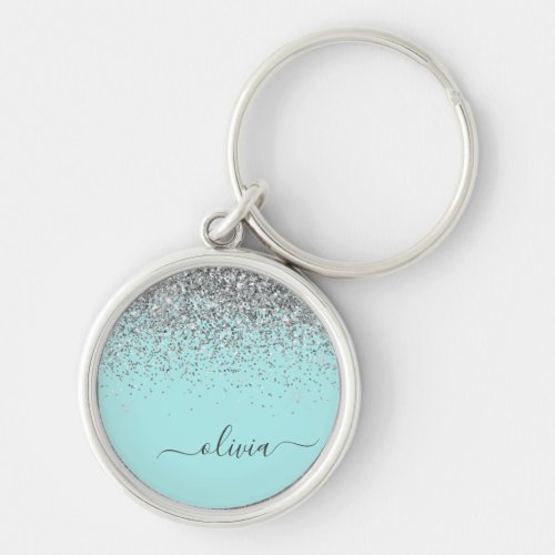 Aqua Blue Teal Silver Glitter Monogram Keychain