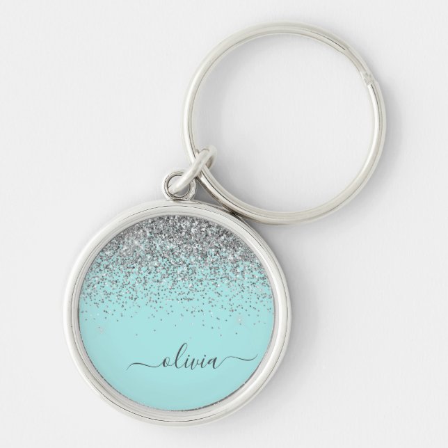 Aqua Blue Teal Silver Glitter Monogram Keychain (Front)
