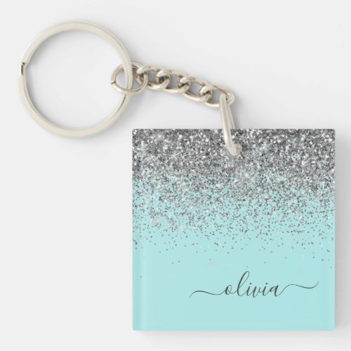 Aqua Blue Teal Silver Glitter Monogram Keychain