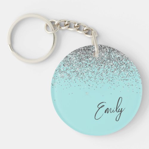 Aqua Blue Teal Silver Glitter Monogram Keychain