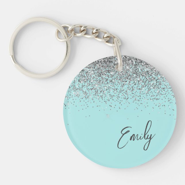 Aqua Blue Teal Silver Glitter Monogram Keychain (Front)