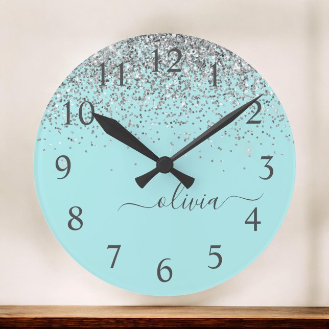 Aqua Blue Teal Silver Glitter Monogram Large Clock (Creator Uploaded)