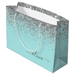 Aqua Blue Teal Silver Glitter Monogram Large Gift Bag