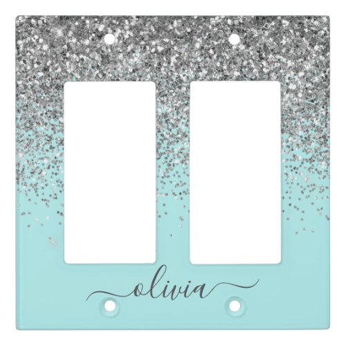 Aqua Blue Teal Silver Glitter Monogram Light Switch Cover