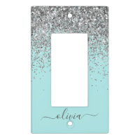 Aqua Blue Teal Silver Glitter Monogram