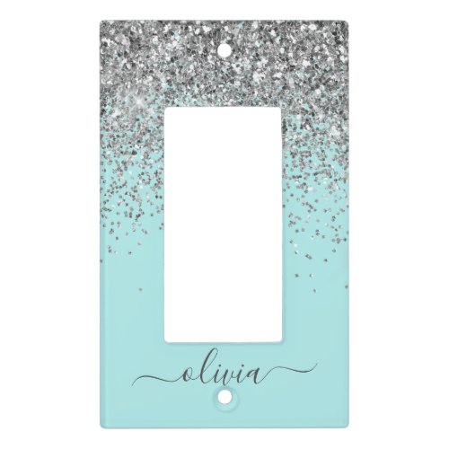 Aqua Blue Teal Silver Glitter Monogram Light Switch Cover