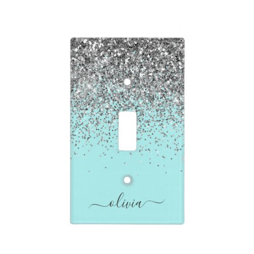 Aqua Blue Teal Silver Glitter Monogram Light Switch Cover