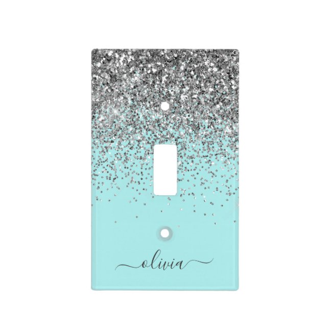 Aqua Blue Teal Silver Glitter Monogram Light Switch Cover (Front)