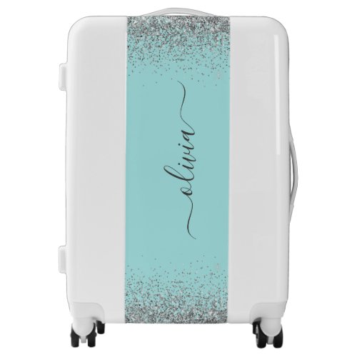 Aqua Blue Teal Silver Glitter Monogram Luggage