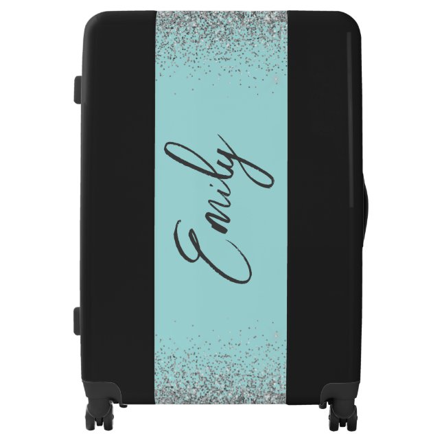Aqua Blue Teal Silver Glitter Monogram Luggage (Front)